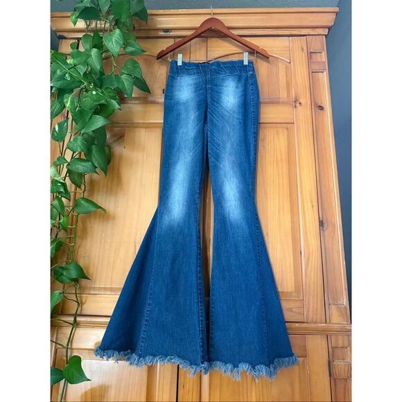 Judith March Boho Flare Jeans M – Fringe Hem Bell Bottom Denim with Aztec Back P - Picture 3 of 12